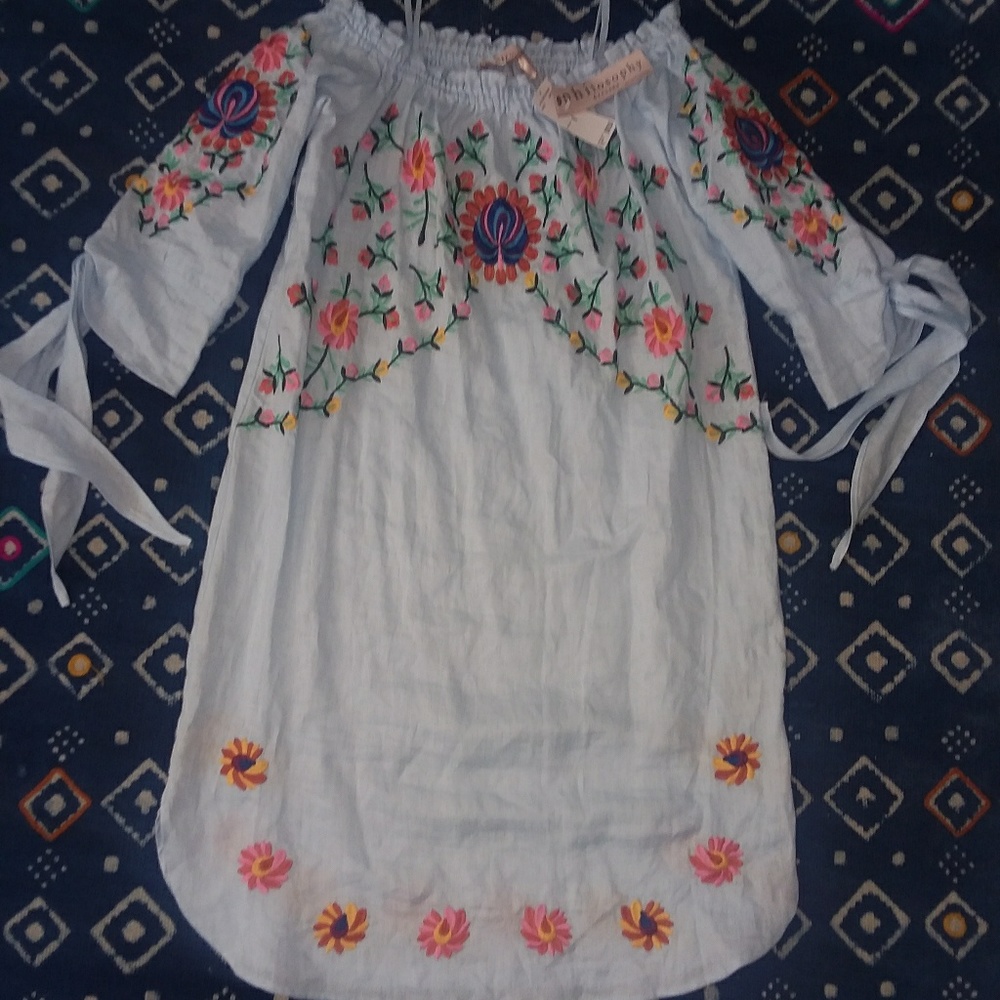 Philosophy blue linen off the shoulder dress